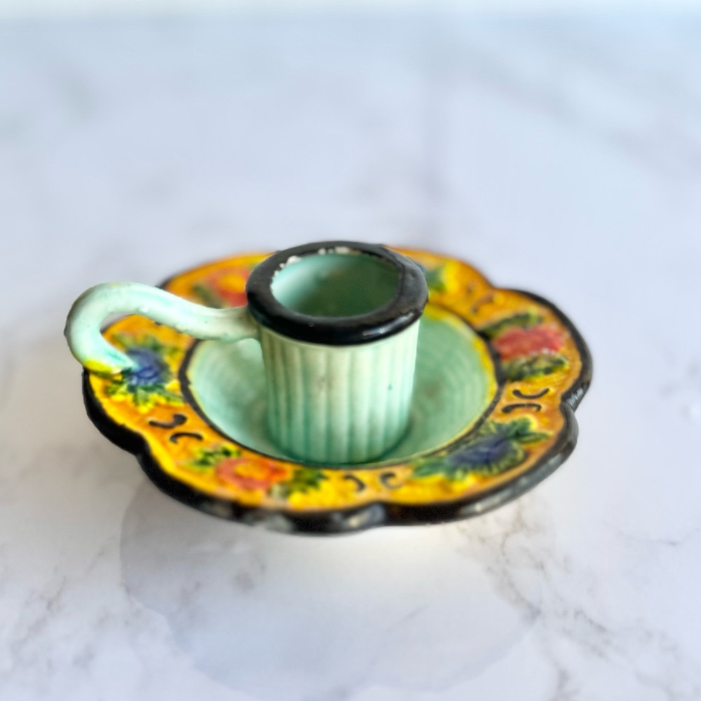 Antique ceramic Japanese candlestick holder with floral design
